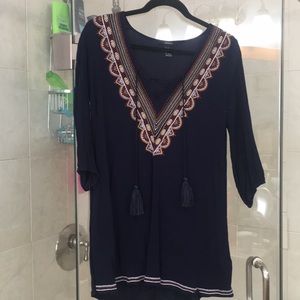 Navy boho dress with detailing and tie along neck